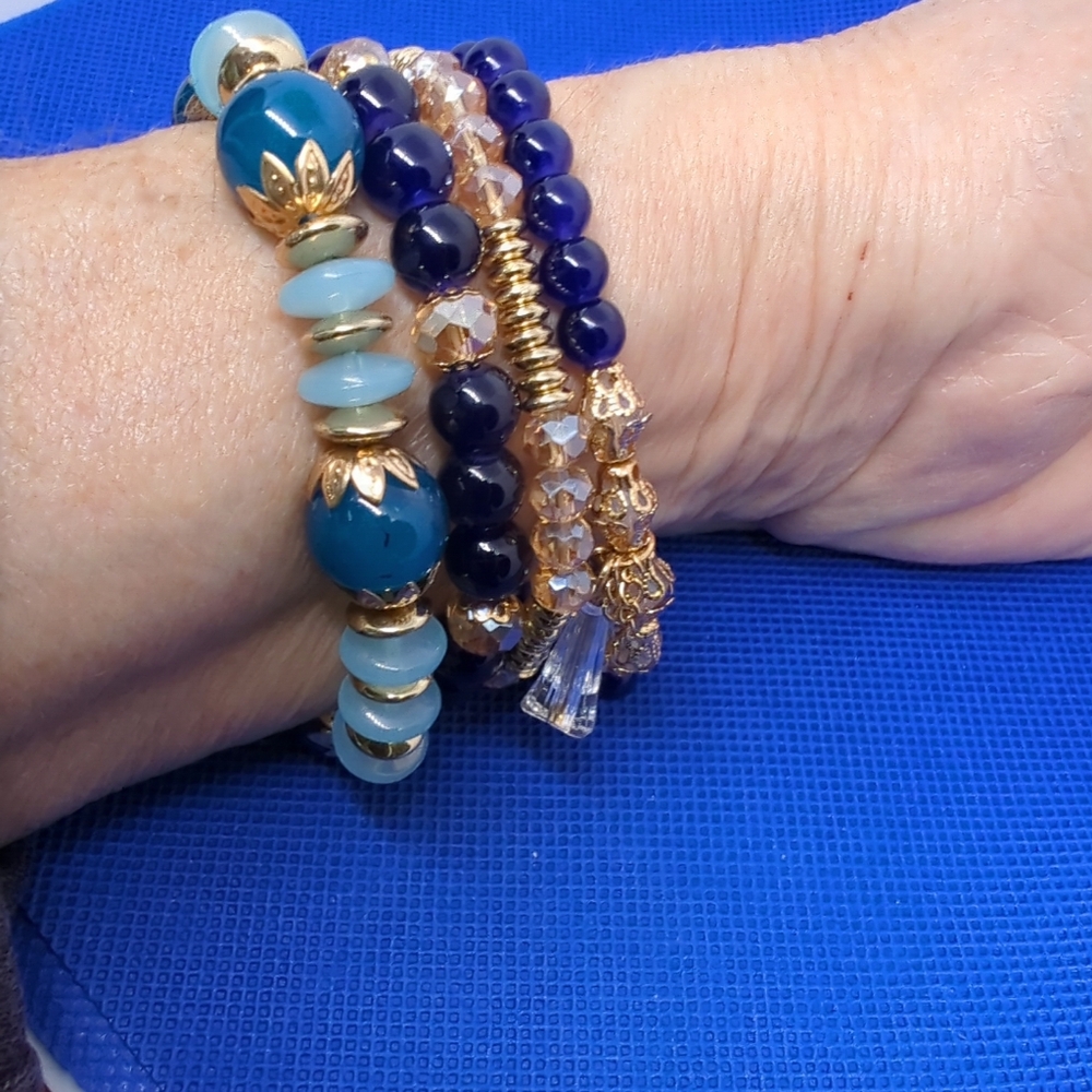 Bracelets 4 PC. STACKABLES Fashion Jewelry Blue and Gold Beaded